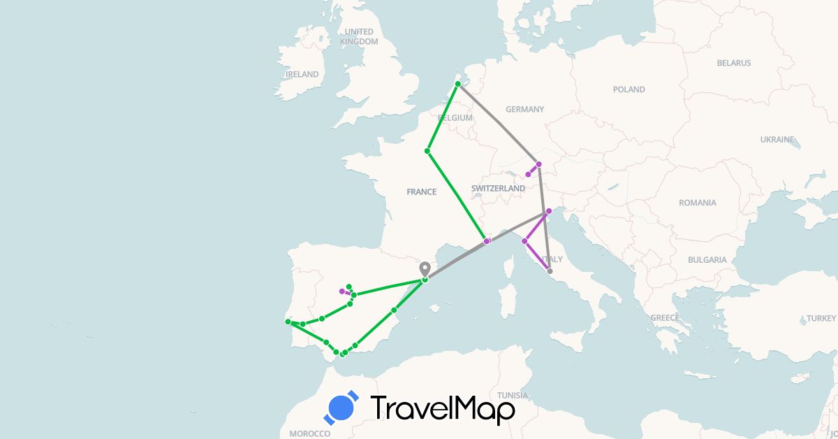 TravelMap itinerary: driving, bus, plane, train in Germany, Spain, France, Italy, Monaco, Netherlands, Portugal (Europe)
